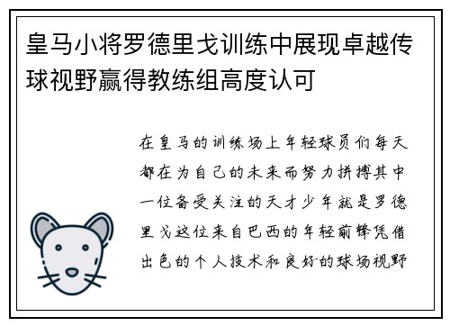 皇马小将罗德里戈训练中展现卓越传球视野赢得教练组高度认可